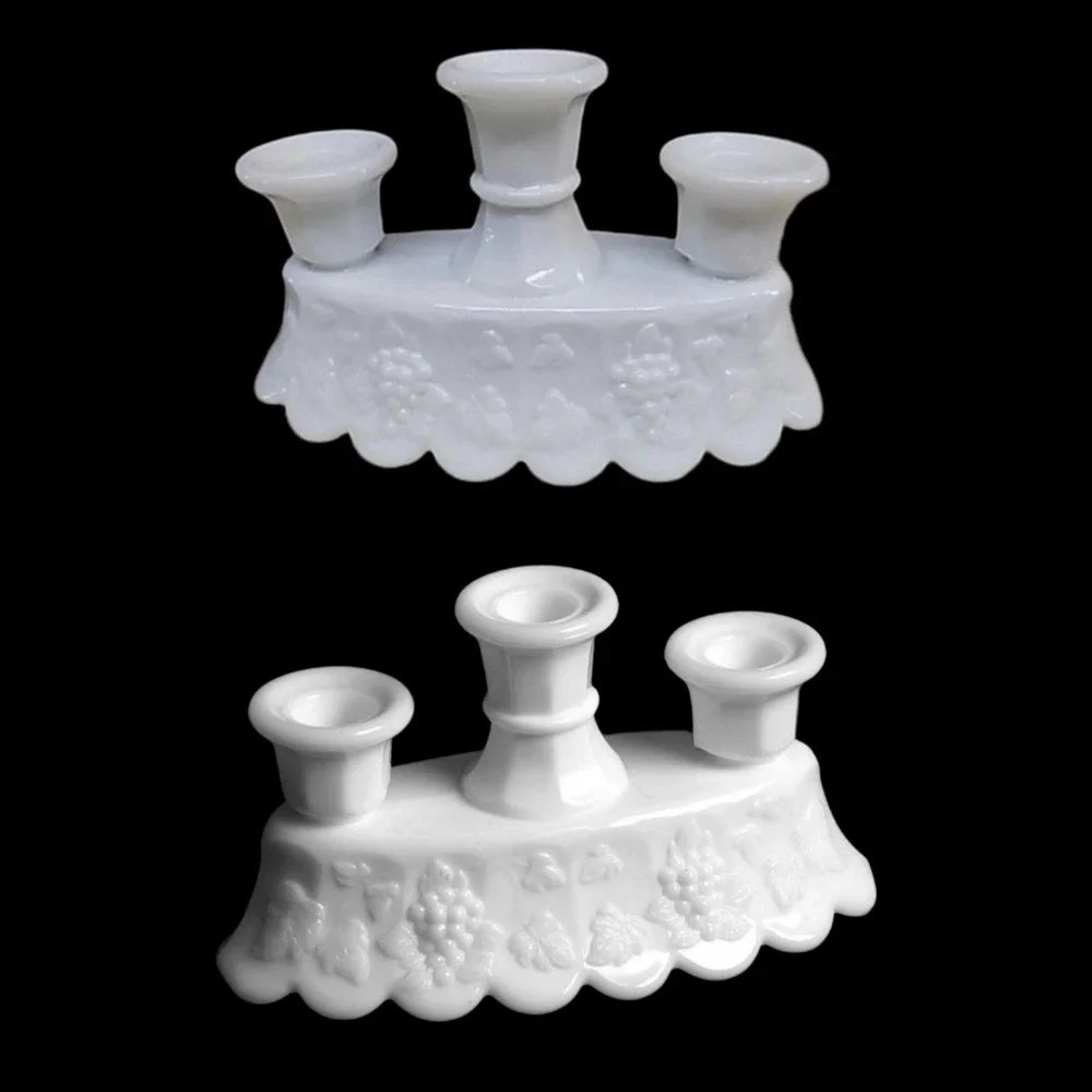 Westmoreland‎ Milk Glass Grape Triple Candelabra Pair Scalloped Base Set 2